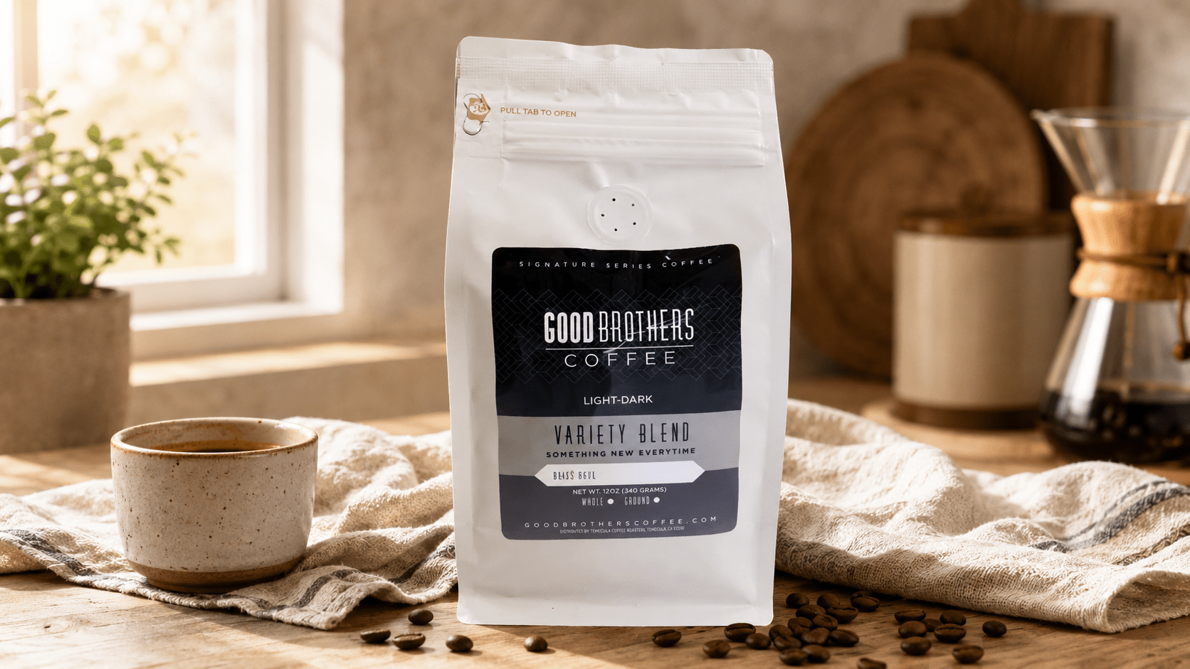 Good Brothers Coffee air roasted specialty coffee beans and bag on a warm wood surface