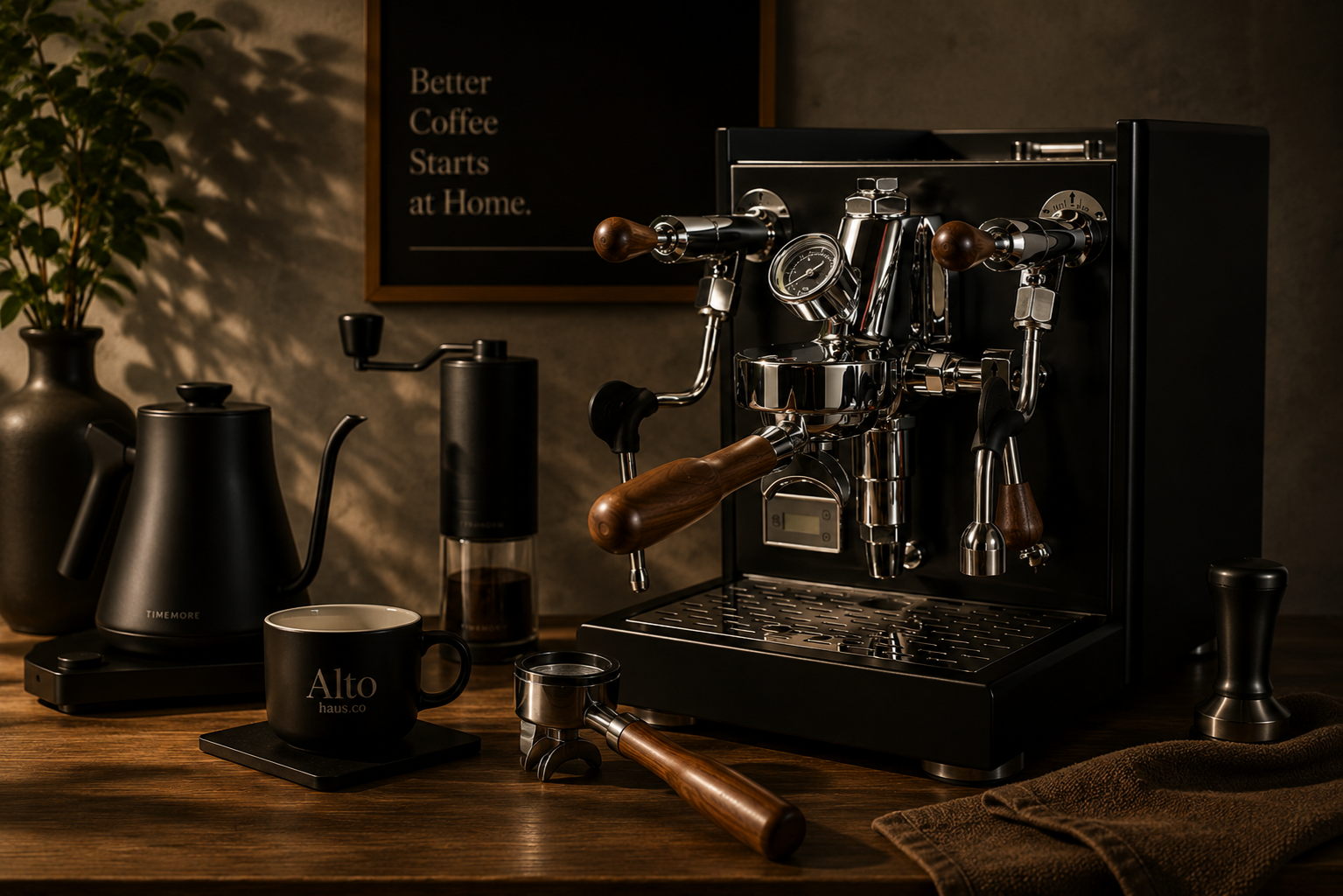 Coffee-making setup with espresso machine, coffee cup, and grinder on a wooden surface.