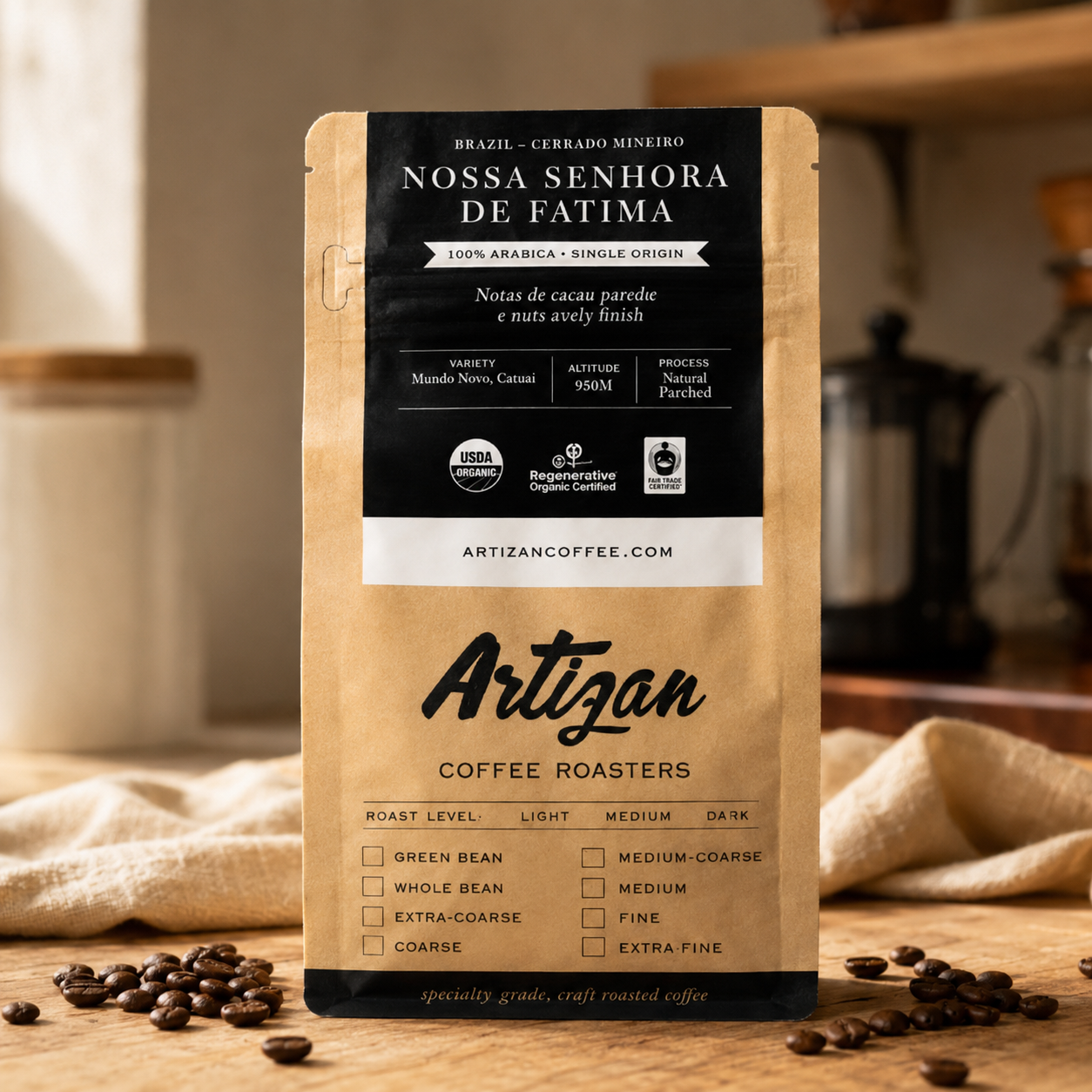 Artizan Coffee Roasters organic specialty coffee bag on a warm wood surface