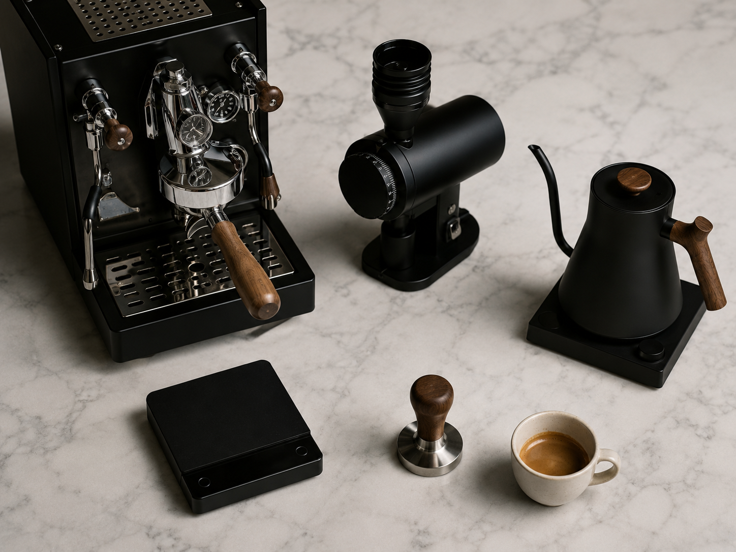 Home espresso setup with Turin espresso machine, grinder, kettle, tamper, and scale on marble counter