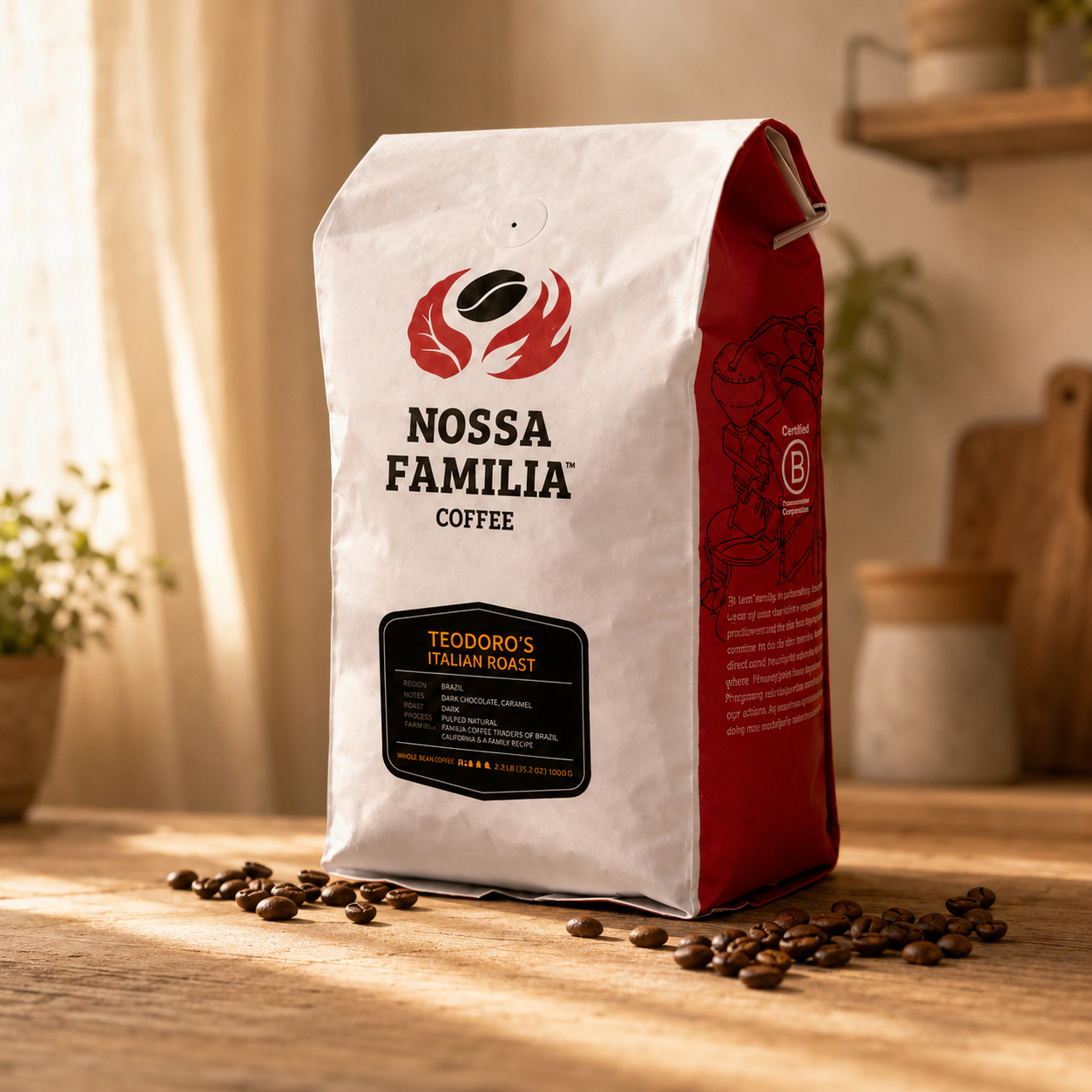 Nossa Familia Coffee single origin specialty coffee bag on a warm wood surface