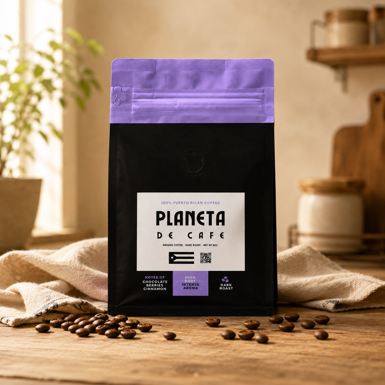Planeta De Cafe Puerto Rican specialty coffee bag on a warm wood surface
