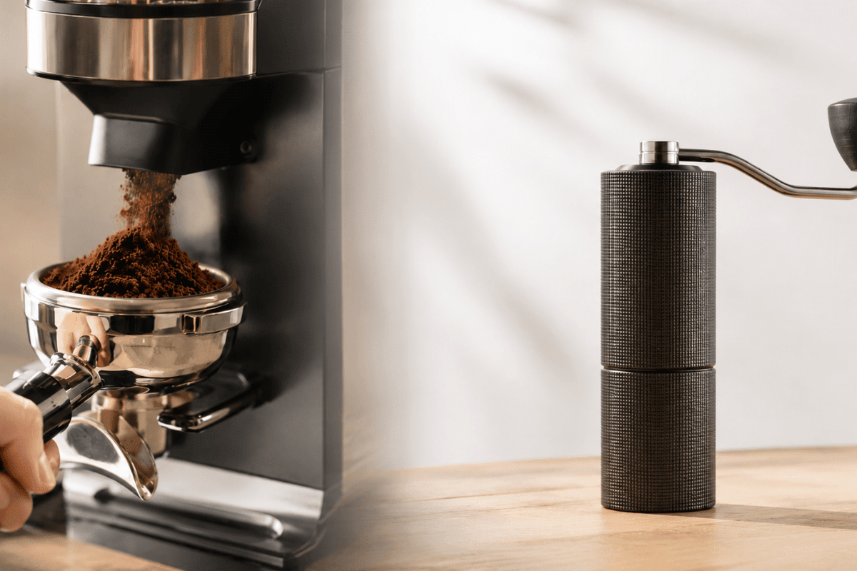 coffee grinder pouring coffee on portafilter and stand alone manual coffee grinder