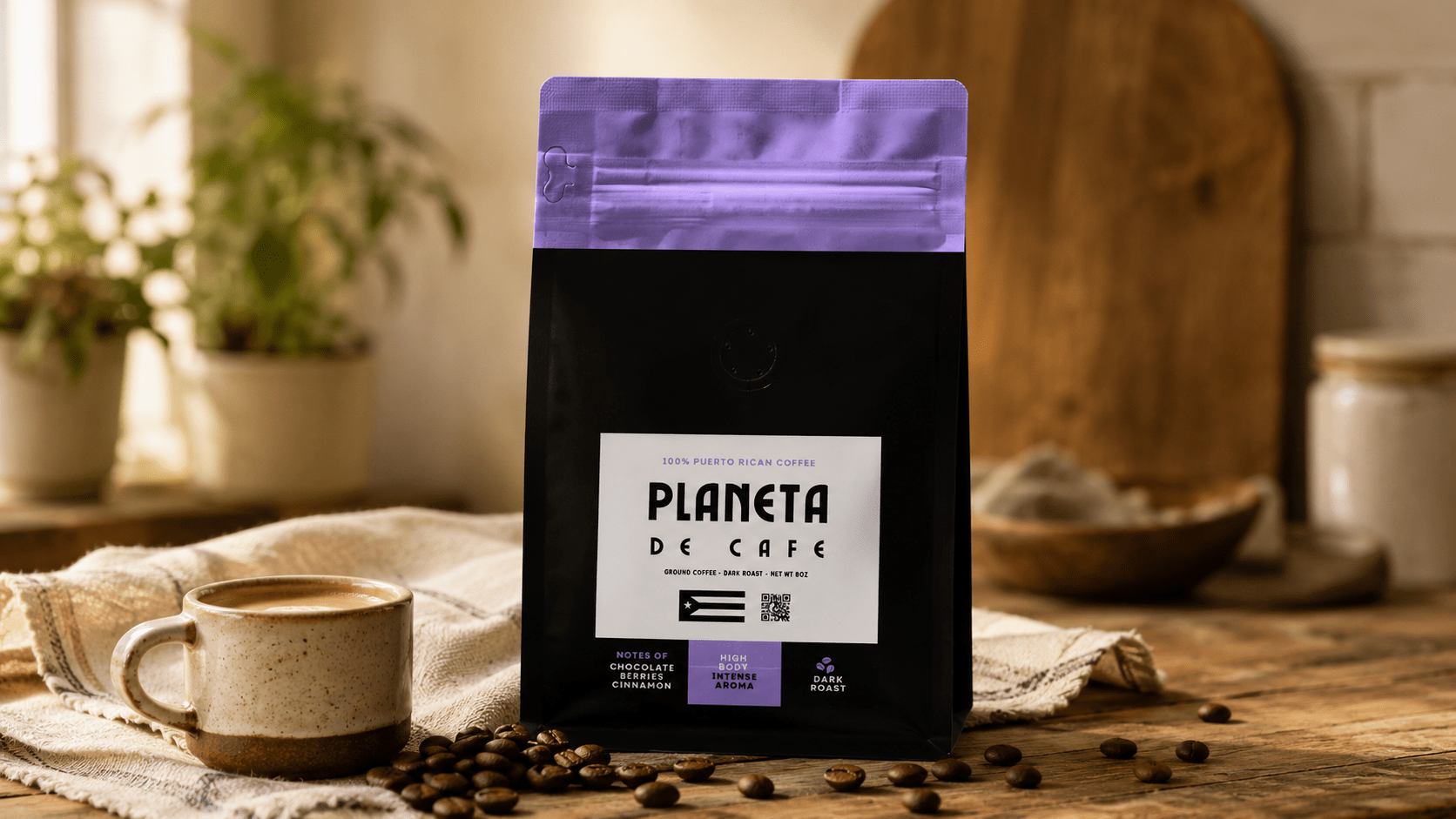 Planeta De Cafe Puerto Rican specialty coffee bag styled on a warm wood surface with ceramic cup and scattered coffee beans