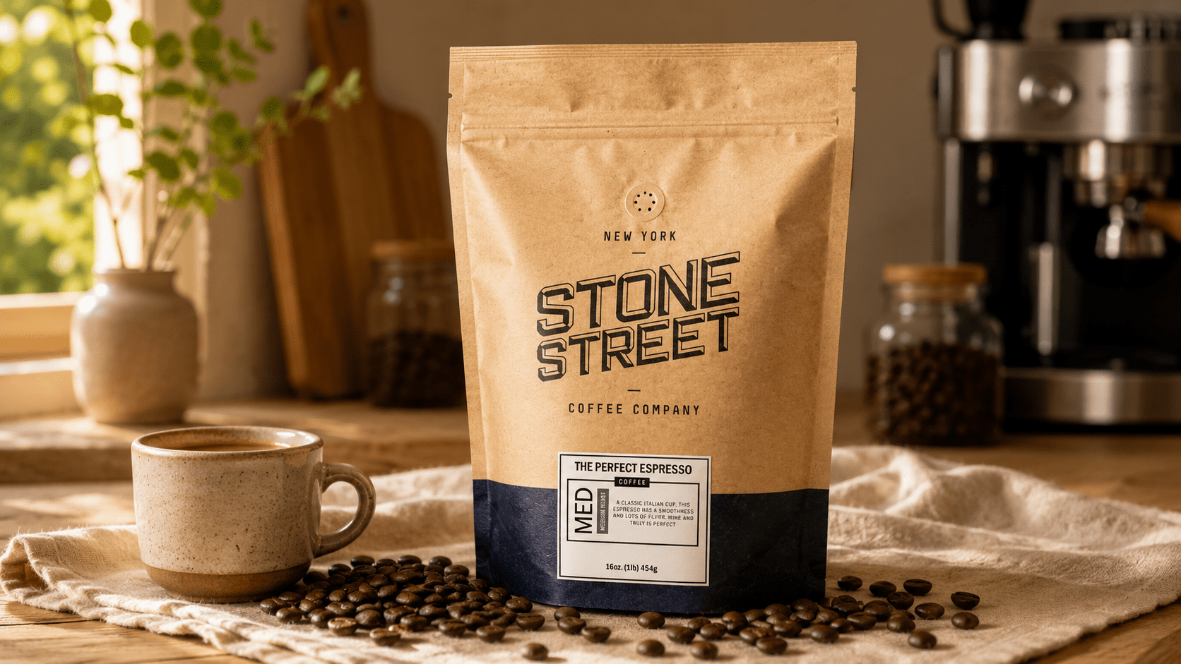 Stone Street Coffee small-batch espresso roast bag styled on a warm wood surface with ceramic cup and scattered coffee beans