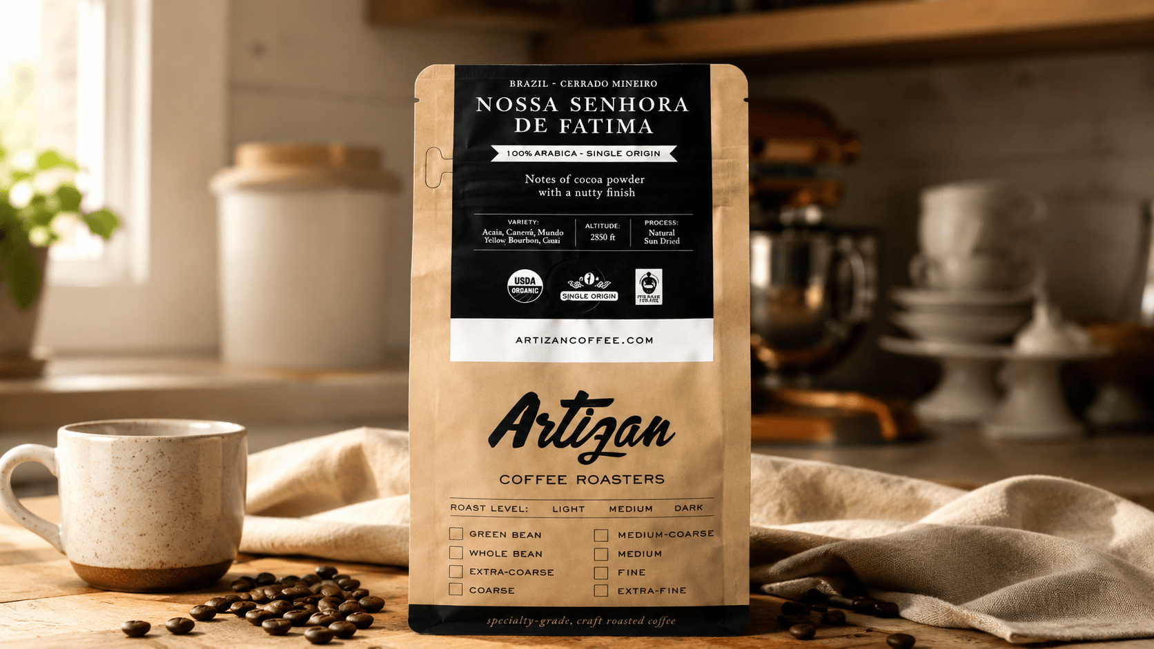 Artizan Coffee Roasters organic specialty coffee bag styled on a warm wood surface with ceramic cup and scattered coffee beans