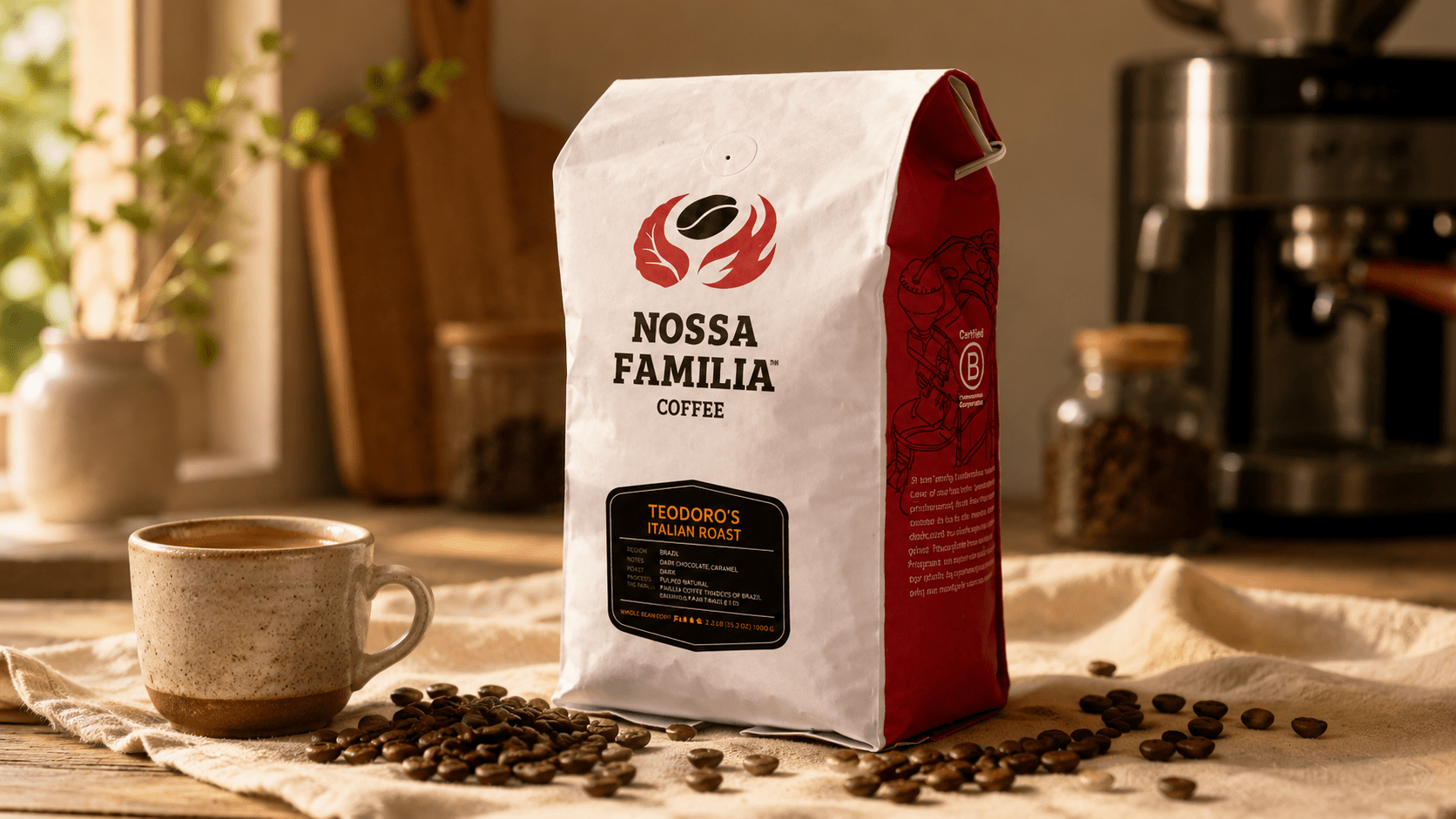 Nossa Familia Coffee single origin specialty coffee bag on a warm wood surface