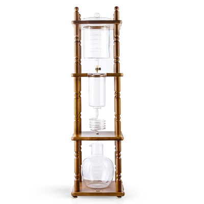 Yama Glass Cold Brew Tower – Curved Brown Wood Frame – 25 Cup (100 oz) - Cold - Brewer | Altohaus