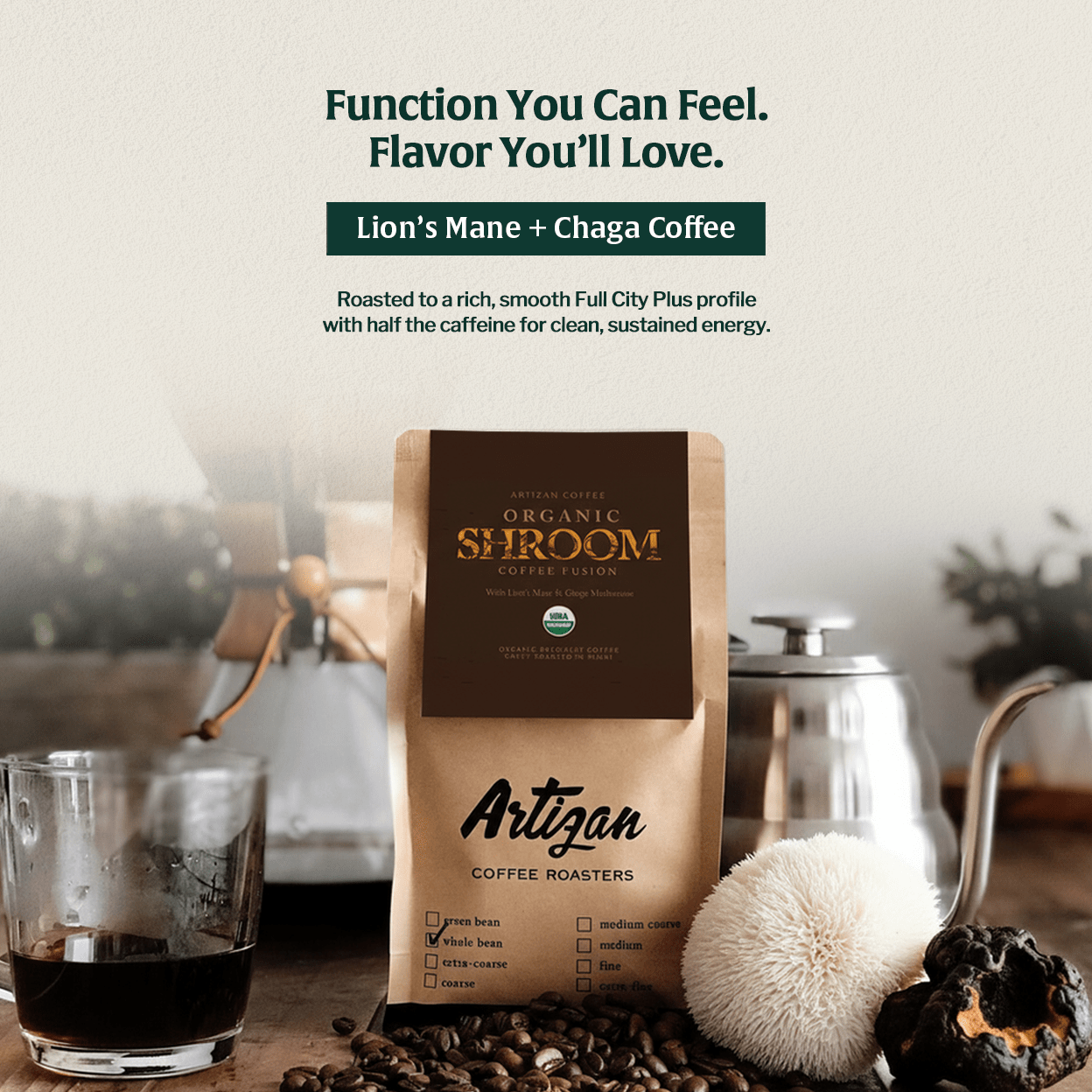 Organic Mushroom Coffee Fusion - Lion's Mane & Chaga - Beans & Ground | Altohaus