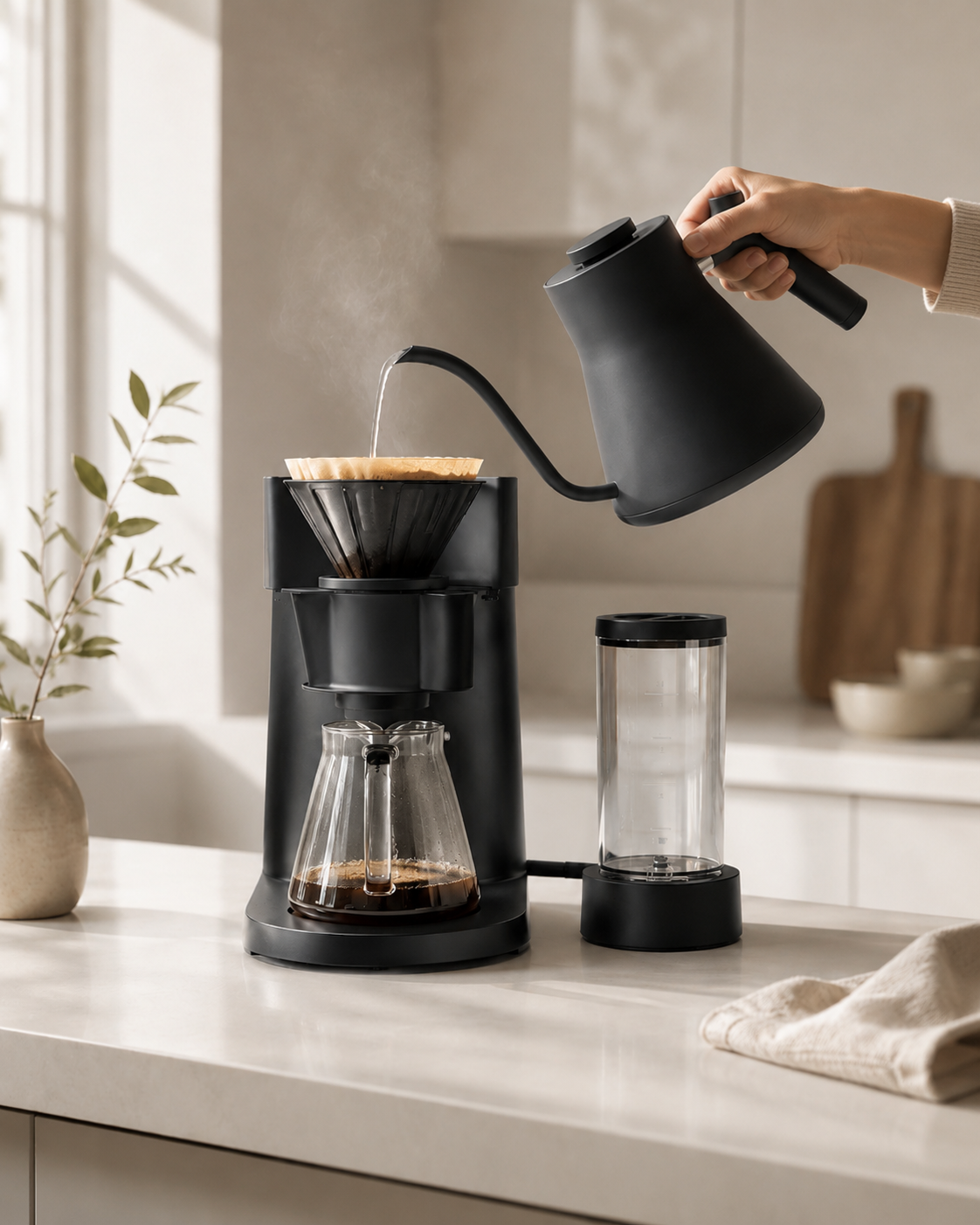 Person pouring coffee from a black kettle into a coffee maker on a kitchen counter.