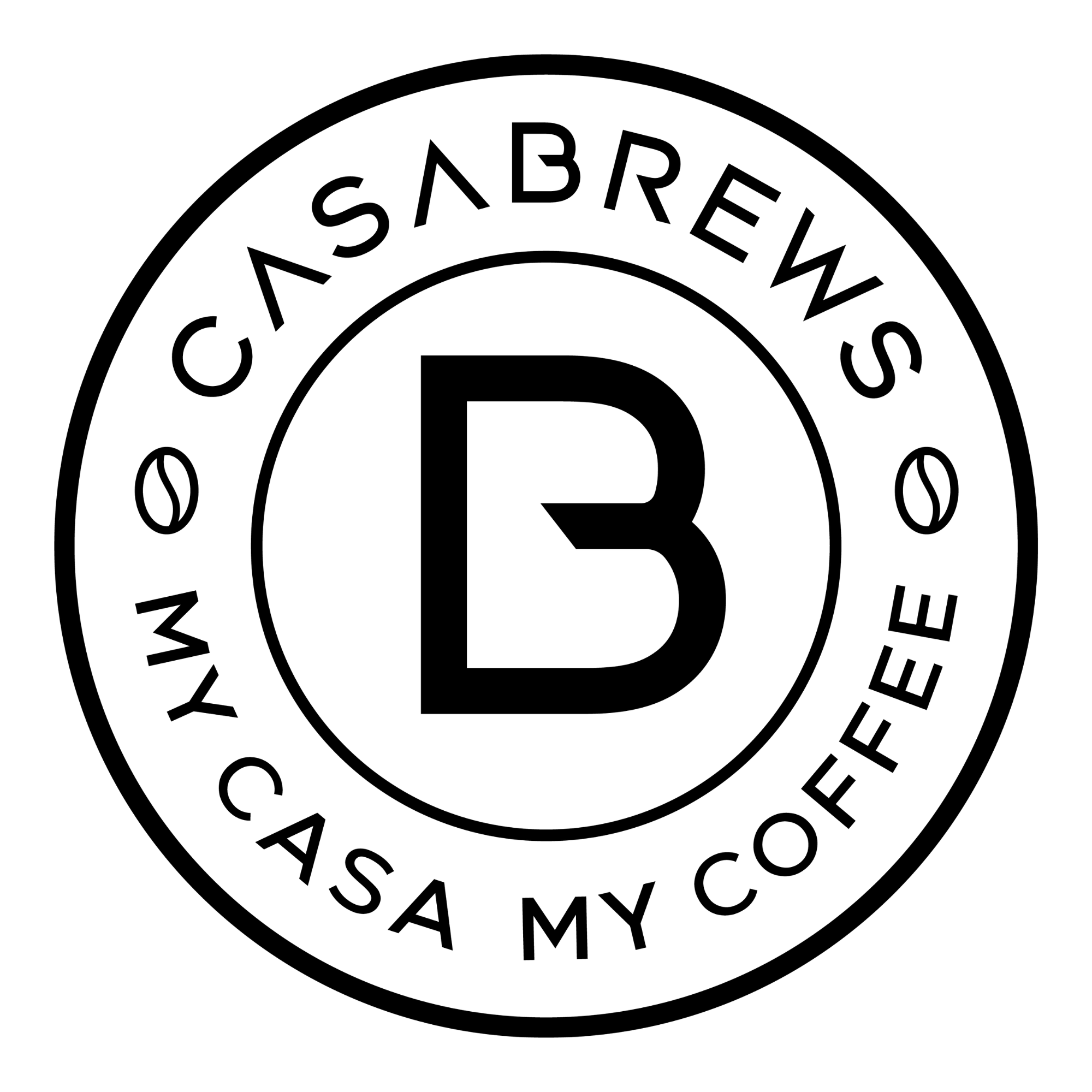Circular logo with 'Casa Brews' and 'My Casa My Coffee' text, featuring a stylized letter 'B'.