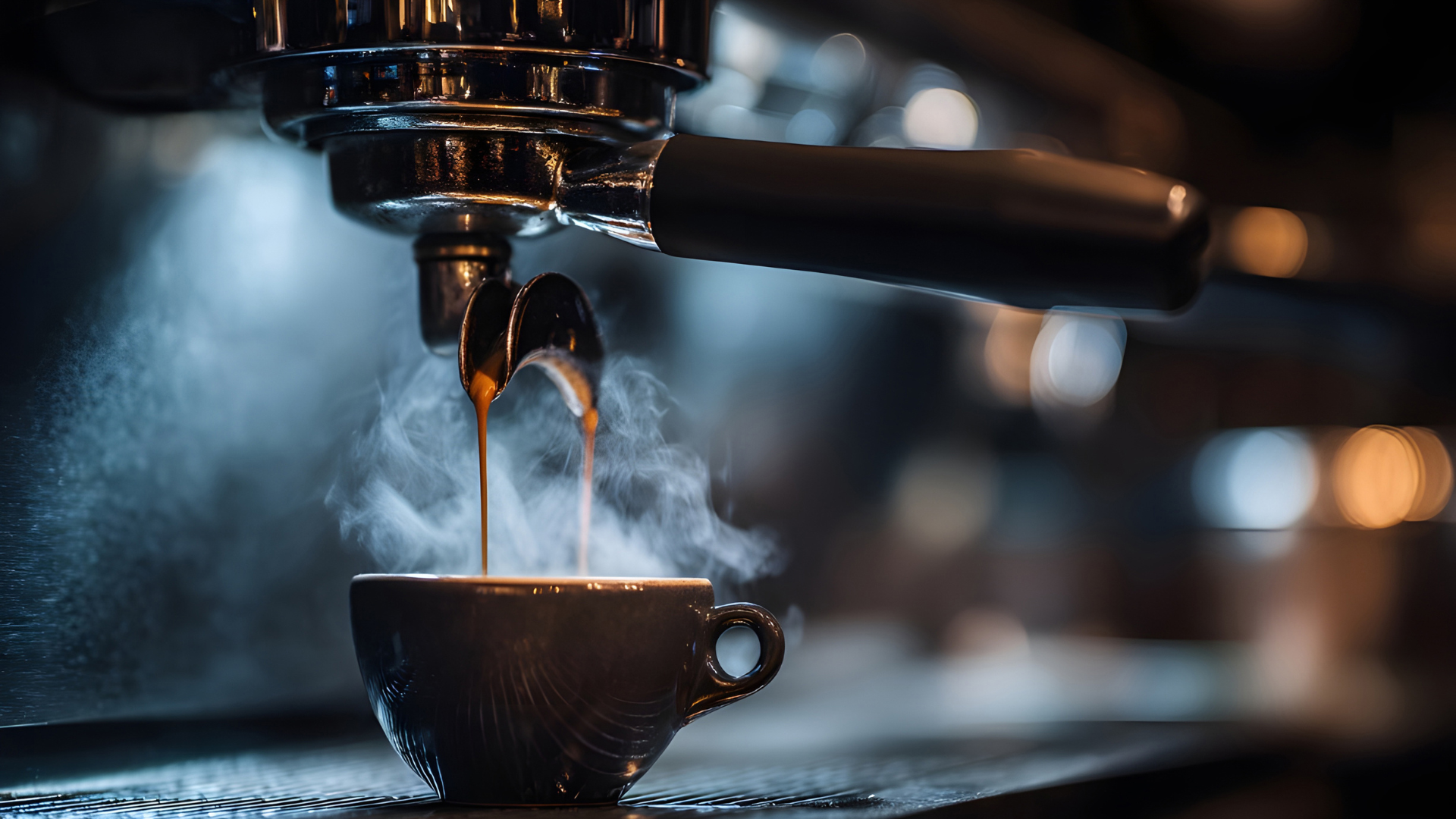 Espresso machine brewing a fresh shot into a ceramic cup at home