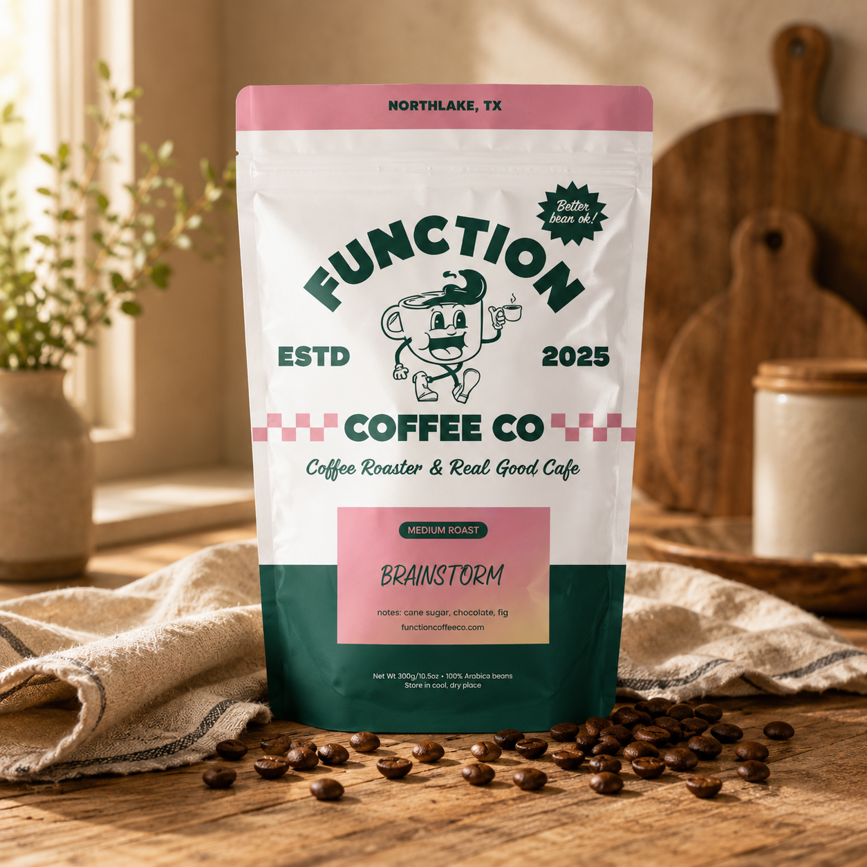 Coffee bag from Function Coffee Co with coffee beans on a wooden surface