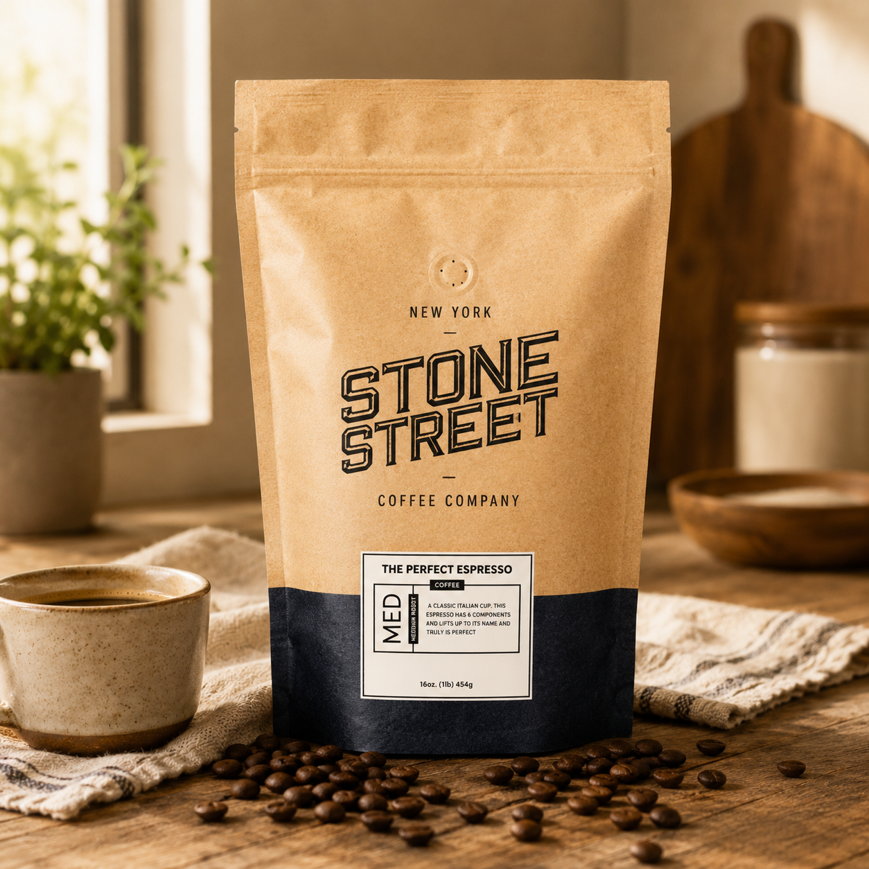 Stone Street Coffee small-batch espresso roast coffee bag on a warm wood surface